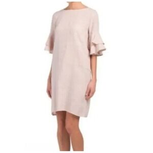 Francesca Bettini 100% Linen Dress Size S Beige Shift Italian Ruffle Beachy